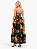Exquisite Strapless Lace-Trimmed Printed Pleated Midi Dress