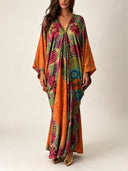 Retro Bohemian Floral Print V-Neck Kaftan Maxi Dress