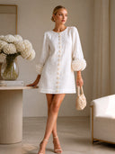 Elegant Floral Cuff Button-Front Mini Dress
