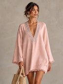 Embellished V-Neck Fringe Trim Kaftan Mini Dress