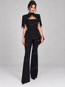 Fringe Cape Peplum Top and Flare Pants Three Piece Set