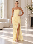 Strapless Pleated Slit Maxi Dress