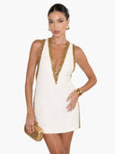Exquisite Sequin Colorblock Trim V-neck Sleeveless A-line Mini Dress