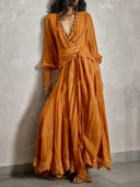 Exquisite Embellished Wrap-Waist Lace-Hem Maxi Dress