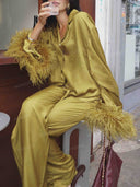 Elegant Satin Feather-Trim Flared Sleeve Two-Piece Set
