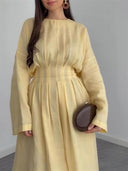 Elegant Pleated Long Sleeve Pocket Maxi Dress