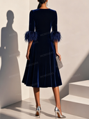 Elegant Velvet Feather Cuff Midi Dress