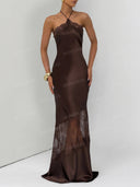 Elegant Lace-Trim Halter Satin Maxi Dress