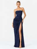 Strapless Pleated Slit Maxi Dress