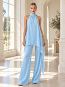 Elegant Halter Neck Asymmetric Chiffon Top & Wide-Leg Pants Set