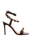 Wood Beaded Ankle-Wrap Stiletto Heeled Sandals