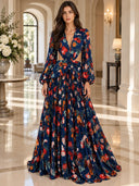Elegant Navy Floral Print Cutout Maxi Dress