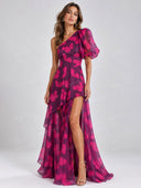 Butterfly Print One Shoulder Ruffle Maxi Dress