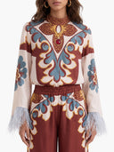 Retro Print Satin Feather Trim Top & Wide-Leg Pants Two-Piece Set