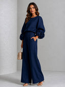 Elegant Floral Long-Sleeve Top and Wide-Leg Pants Two-Piece Set