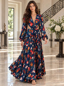 Elegant Navy Floral Print Cutout Maxi Dress