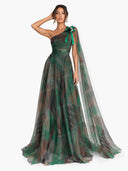 Elegant One-Shoulder Printed Tulle Cape Maxi Dress