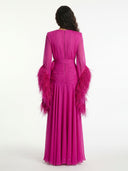 Elegant V-Neck Feather Cuff Flowing Chiffon Maxi Dress