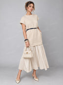 Casual Belted T-Shirt Drop Waist Pleated Maxi Dress