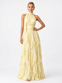 Elegant Backless Ruched Tiered Ruffle Maxi Dress