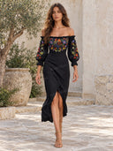 Minimalist Strapless Embroidered Midi Dress