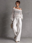 Open Knit Sweater & Wide Leg Pants Set