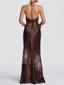 Elegant Lace-Trim Halter Satin Maxi Dress