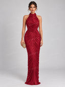 Elegant Metallic Halter Neck Ruched Maxi Dress