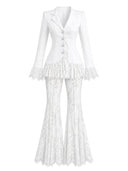 Elegant Lace Trim Blazer Top & Flared Lace Pants Two-Piece Set
