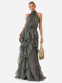Elegant Halter Neck Ruffle Chiffon Flowy Maxi Dress