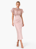 Elegant Sheer Chiffon Ruffle Sleeve Top & Ruched Midi Skirt Two-Piece Set