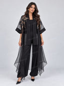 Sheer Embroidered Kimono Wide Leg Pants Three Piece Set
