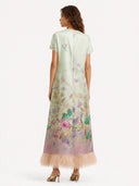 Pastel Floral Print Feather Trim Maxi Dress