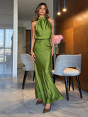 Elegant Satin Halter Neck Evening Maxi Dress
