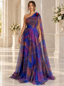 Elegant One-Shoulder Printed Tulle Cape Maxi Dress