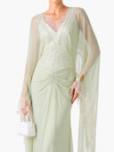 Elegant Lace-Trim Cape Sleeve Ruched Maxi Dress