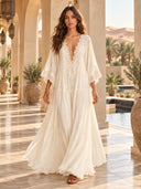 Elegant Batwing Sleeve Lace Flowy Maxi Dress