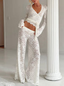 Sexy Lace Wrap Top & Wide-Leg Pants Two-Piece Set