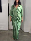 Elegant Satin Deep V Wrap Twist Front Maxi Dress