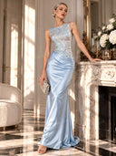 Elegant Blue Embroidery Satin Crew Neck Sleeveless Sheath Maxi Dress