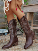 Faux Leather Embroidered Mid-Calf Western Cowboy Boots