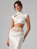 Mandarin Collar Crop Top Lace Waist Mermaid Skirt Set
