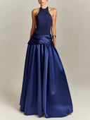 Elegant Halter Top & Draped Satin Maxi Skirt Two-Piece Set