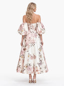 Elegant Floral Print Off-Shoulder Puff Sleeve Midi Dress