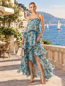 Elegant Vibrant Floral Print Tiered Ruffle Maxi Dress