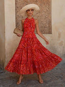 Elegant Halter Neck Abstract Print Tiered Maxi Dress