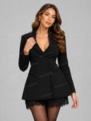 Elegant Lapel Blazer & Lace Trim Shorts Two Piece Set