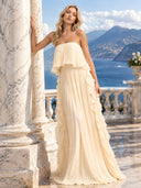 Elegant Strapless Pleated Ruffled Chiffon Maxi Dress