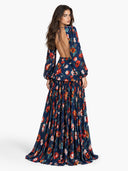 Elegant Navy Floral Print Cutout Maxi Dress