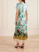 Retro Chic Printed Feather Trim Maxi Dress
